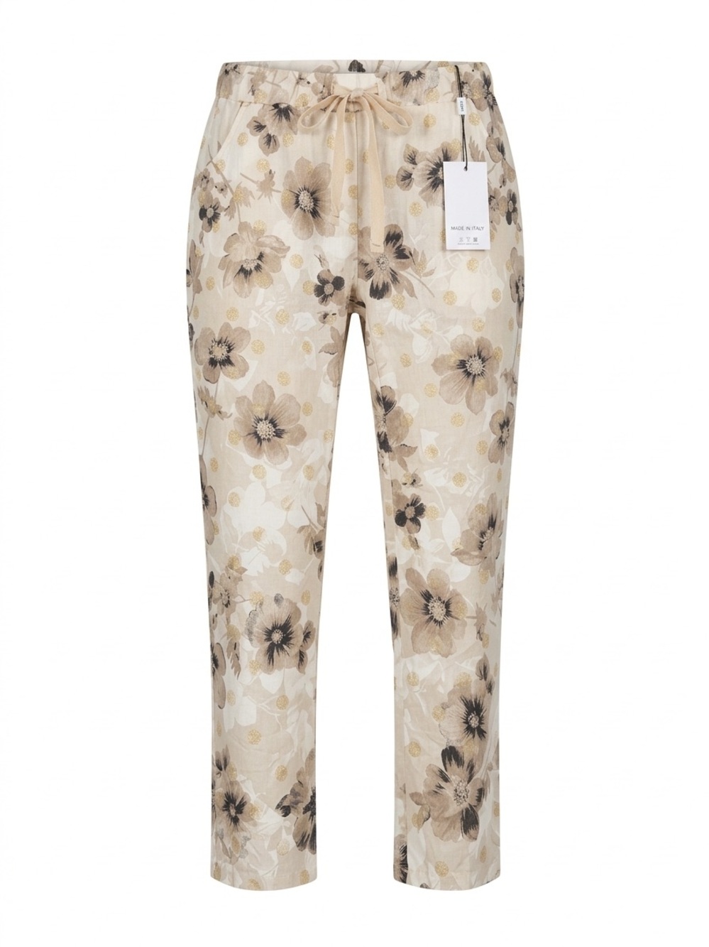 NWT Made in Italy Floral Pants Women's L/XL Beige Gold Sparkle Viscose Stretch
